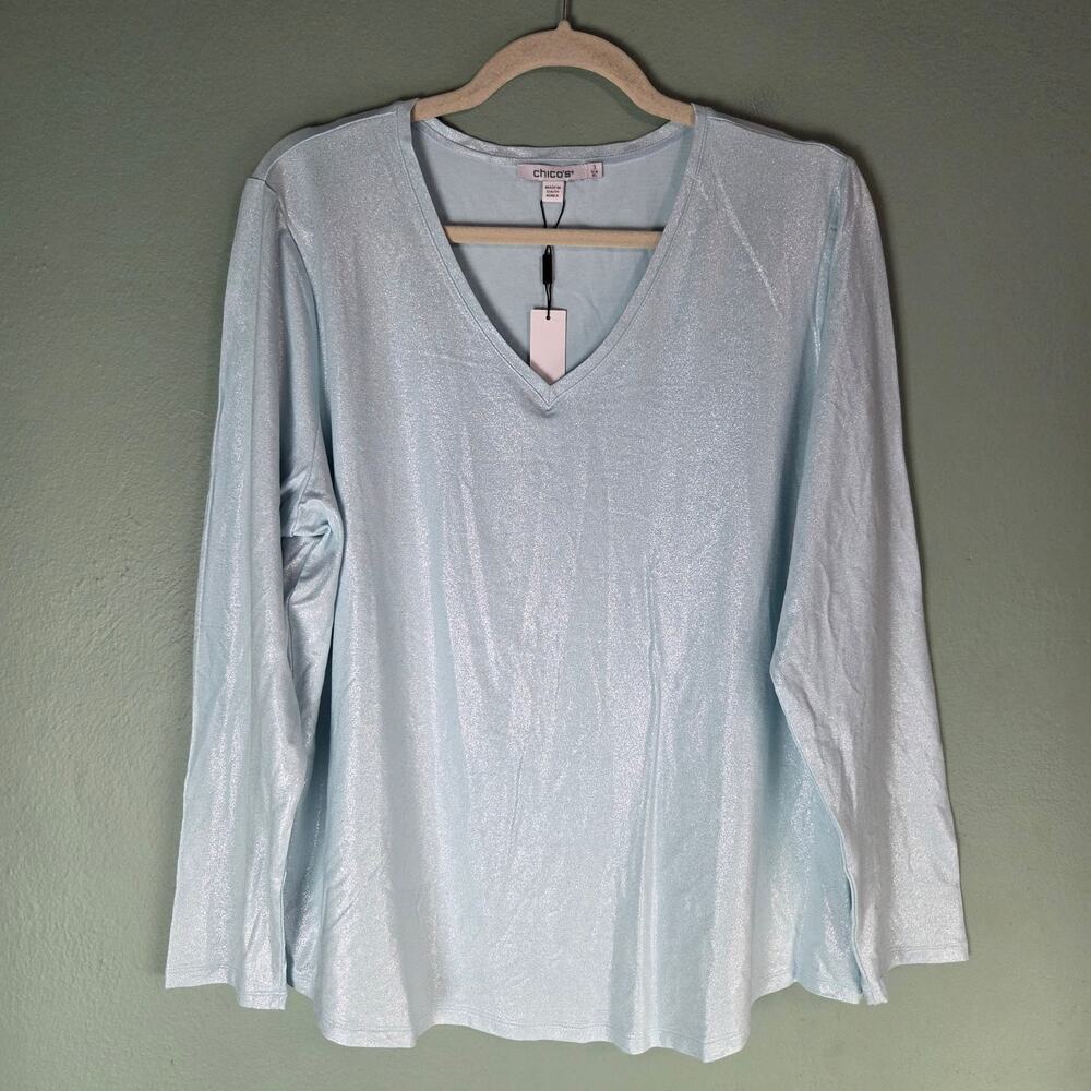 Chicos Women Touch Of Cool Foil VNeck Layering Tee Top LS Basic Knit Blue Menthe